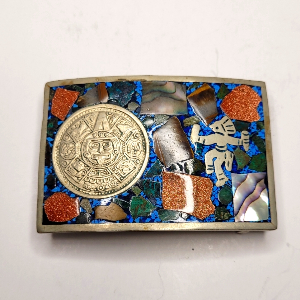 Mexico Silver Mayan Calendar and Warrior Belt Buckle Inlaid Semi-Precious Stones